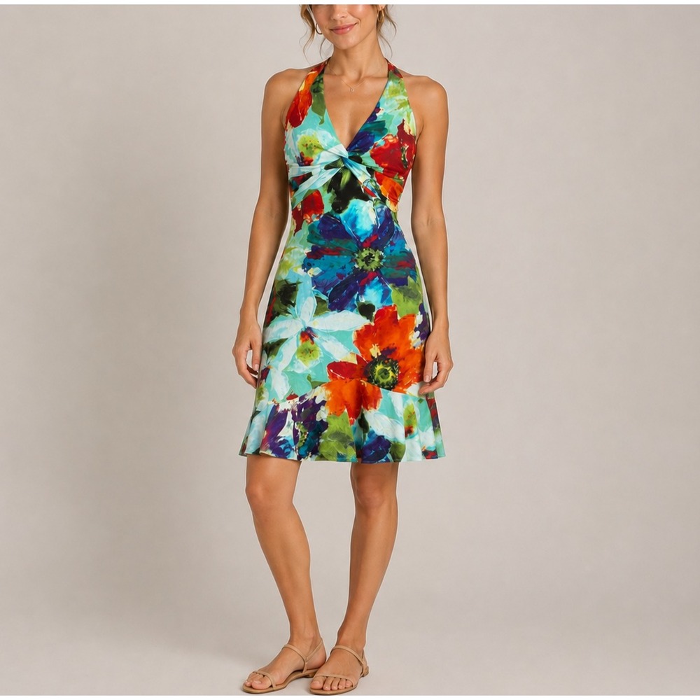 Vtg Caché Dress Womens 8 Multicolor Floral Halter Midi Sundress Party Y2K Resort